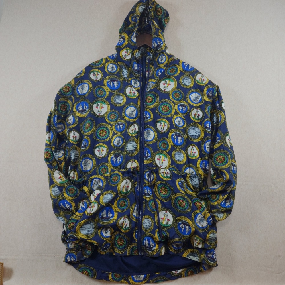 Nautical Lighthouse Ship Print Windbreaker Jacket Mens M Blue Nylon 80s Vintage